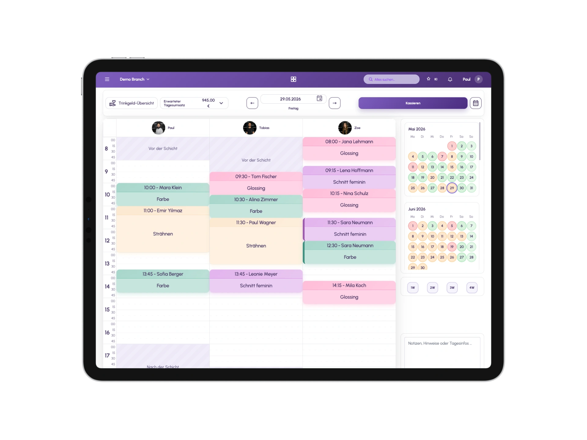 Pigmenz Kalender auf Tablet